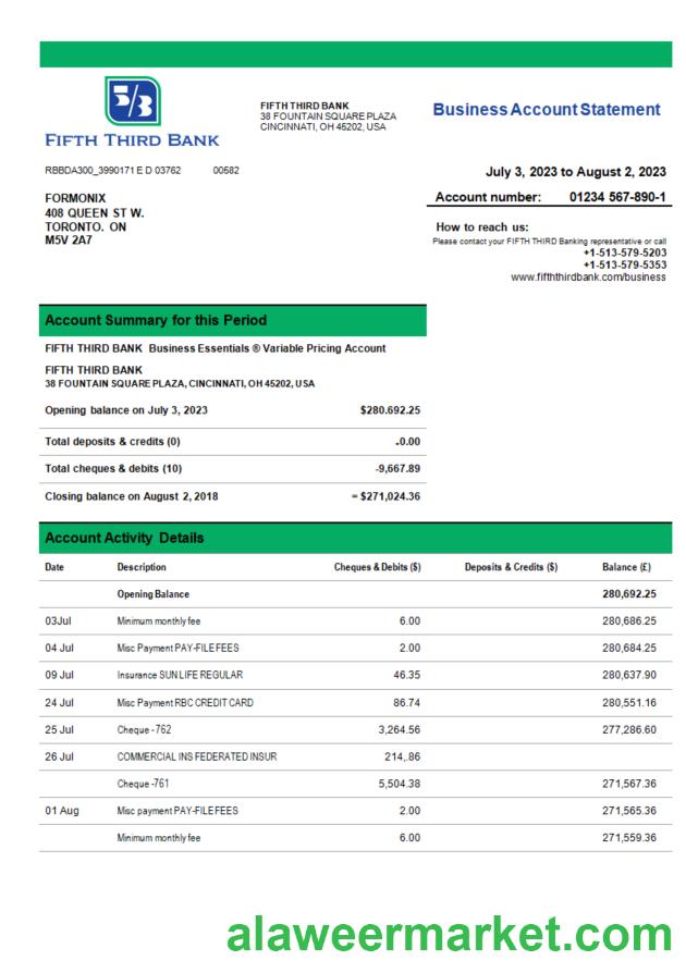 Fifth Third Bank business bank statement Word and PDF template
